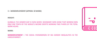 C	– WOMENPLOYMENT	(APPROX.	50	WORD)
INSIGHT:
GLOBALLY, THE GENDER GAP IS EVEN WIDER: SECONDARY DATA SHOW THAT WOMEN EARN
ONLY ONE TENTH OF THE WORLD’S INCOME DESPITE WORKING TWO THIRDS OF THE TOTAL
WORK HOURS.
WORD:
WOMENPLOYMENT – THE SOCIAL PHENOMENON OF BIG GENDER INEQUALITIES IN THE
LABOUR MARKET.
 