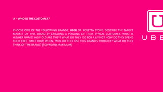 A	– WHO	IS	THE	CUSTOMER?
CHOOSE ONE OF THE FOLLOWING BRANDS: UBER OR ROSETTA STONE. DESCRIBE THE TARGET
MARKET OF THIS BRAND BY CREATING A PERSONA OF THEIR TYPICAL CUSTOMER. WHAT IS
HIS/HER NAME? HOW OLD ARE THEY? WHAT DO THEY DO FOR A LIVING? HOW DO THEY SPEND
THEIR FREE TIME? HOW, WHEN, WHY DO THEY USE THIS BRAND’S PRODUCT? WHAT DO THEY
THINK OF THE BRAND? (500 WORD MAXIMUM)
 