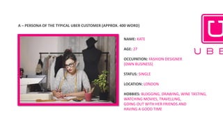 A	– PERSONA	OF	THE	TYPICAL	UBER	CUSTOMER	(APPROX.	400	WORD)	
NAME: KATE
AGE: 27
OCCUPATION: FASHION DESIGNER
(OWN BUSINESS)
STATUS: SINGLE
LOCATION: LONDON
HOBBIES: BLOGGING, DRAWING, WINE TASTING,
WATCHING MOVIES, TRAVELLING,
GOING OUT WITH HER FRIENDS AND
HAVING A GOOD TIME
 