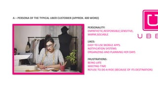 A	– PERSONA	OF	THE	TYPICAL	UBER	CUSTOMER	(APPROX.	400	WORD)	
PERSONALITY:
EMPATHETIC,RESPONSIBLE,SENSITIVE,
WARM,SOCIABLE
LIKES:
EASY TO USE MOBILE APPS.
NOTIFICATION SYSTEMS
ORGANIZING AND PLANNING HER DAYS
FRUSTRATIONS:
BEING LATE
WASTING TIME
REFUSE TO DO A RIDE (BECAUSE OF ITS DESTINATION)
 