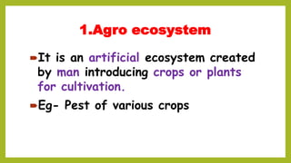 1.Agro ecosystem
It is an artificial ecosystem created
by man introducing crops or plants
for cultivation.
Eg- Pest of various crops
 