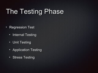 The Testing PhaseThe Testing Phase
Regression TestRegression Test
Internal TestingInternal Testing
Unit TestingUnit Testing
Application TestingApplication Testing
Stress TestingStress Testing
 