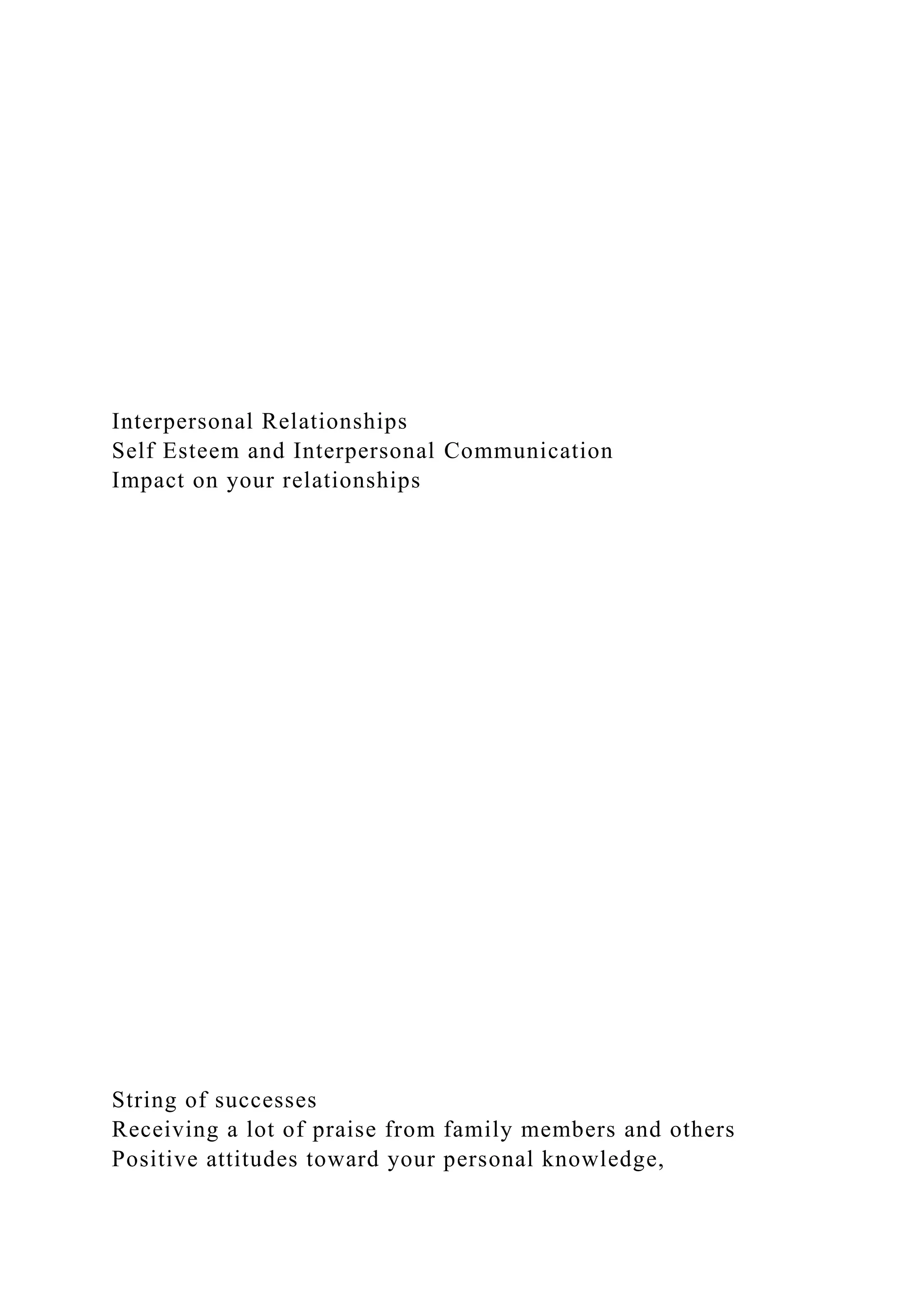 Interpersonal Relationships
Self Esteem and Interpersonal Communication
Impact on your relationships
String of successes
Receiving a lot of praise from family members and others
Positive attitudes toward your personal knowledge,
 