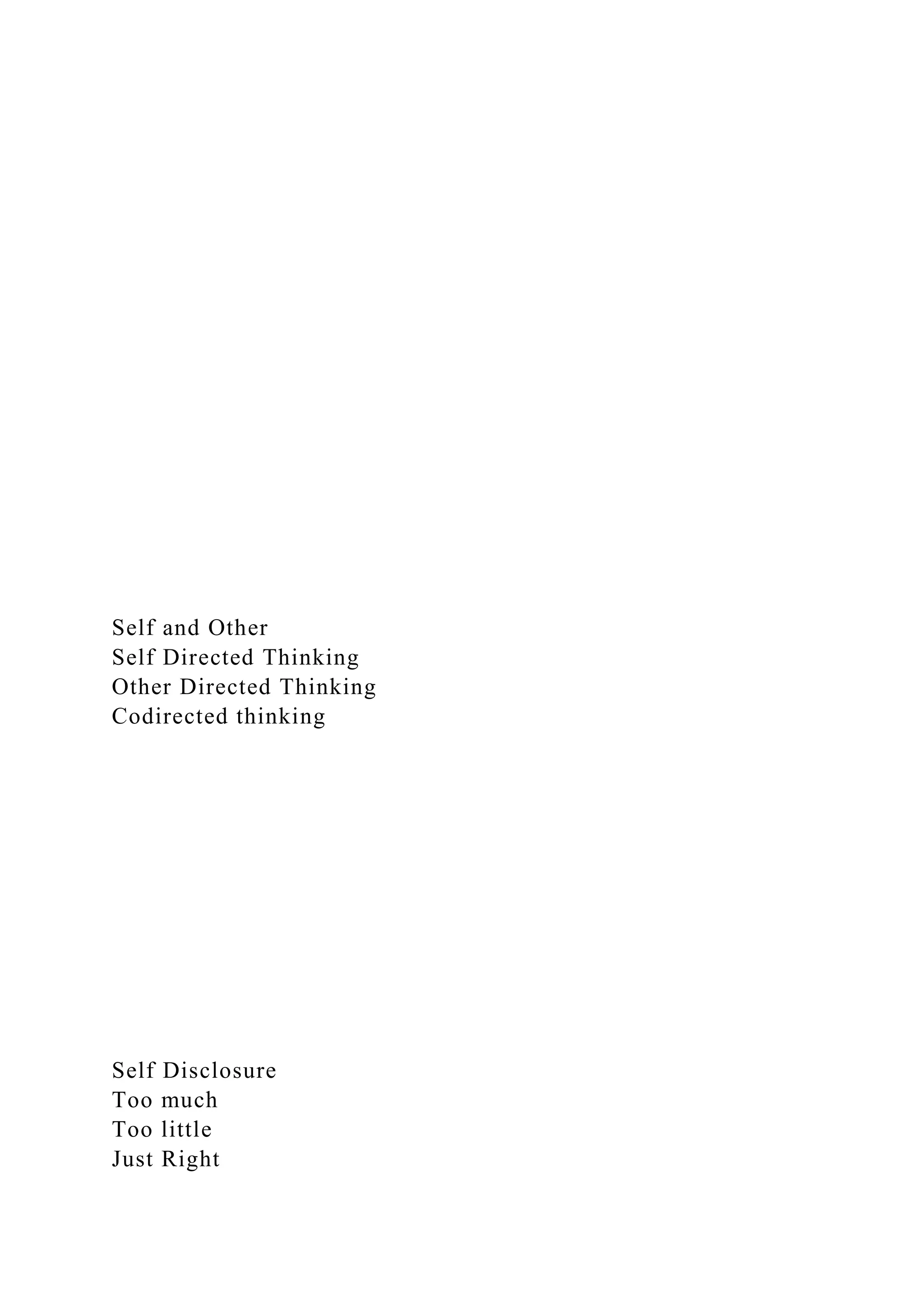 Self and Other
Self Directed Thinking
Other Directed Thinking
Codirected thinking
Self Disclosure
Too much
Too little
Just Right
 