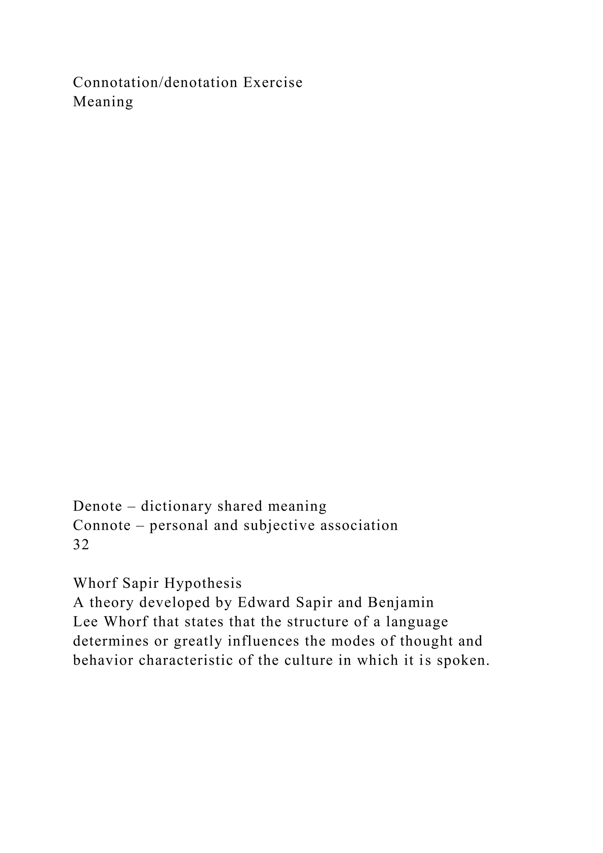Connotation/denotation Exercise
Meaning
Denote – dictionary shared meaning
Connote – personal and subjective association
32
Whorf Sapir Hypothesis
A theory developed by Edward Sapir and Benjamin
Lee Whorf that states that the structure of a language
determines or greatly influences the modes of thought and
behavior characteristic of the culture in which it is spoken.
 