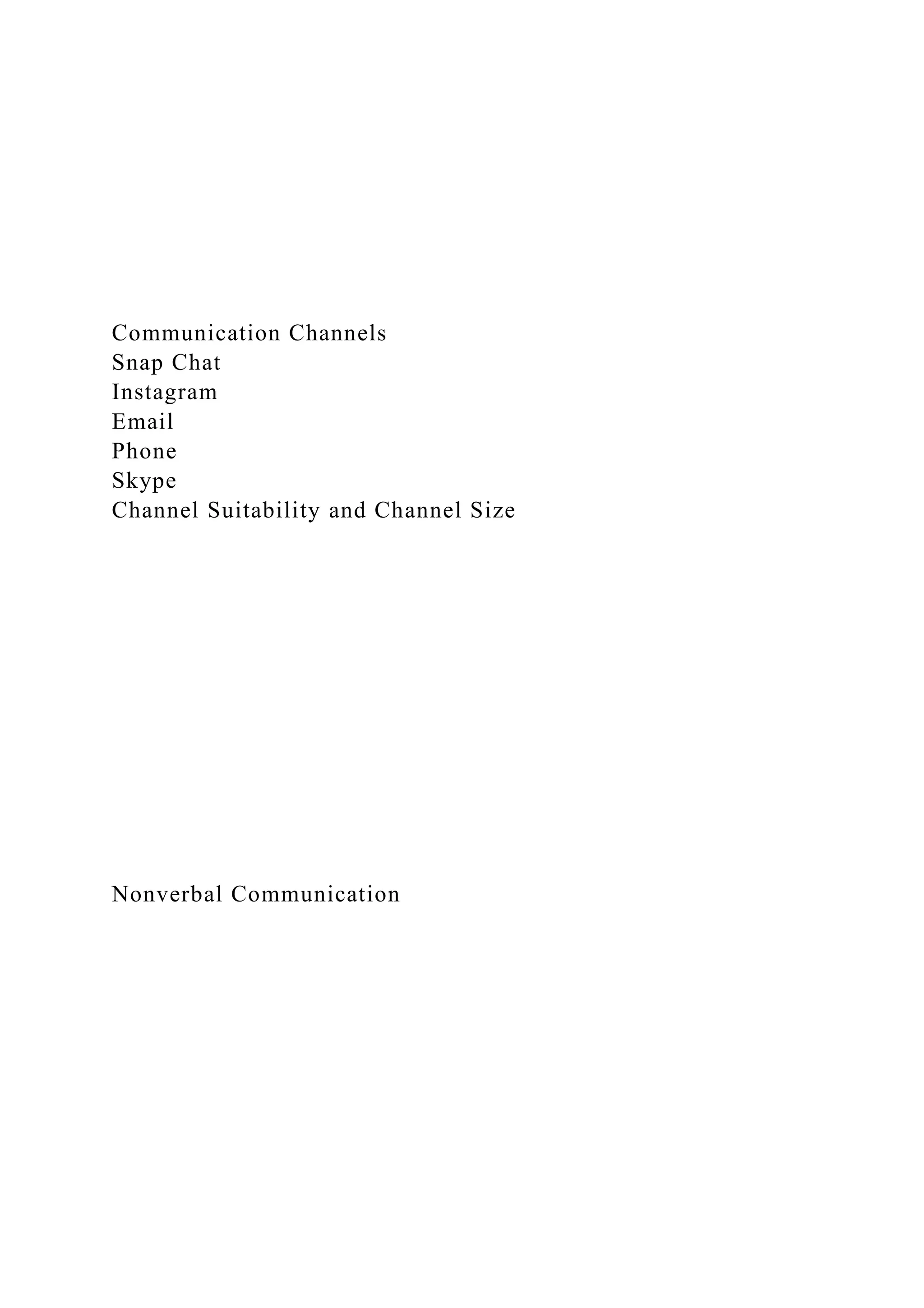 Communication Channels
Snap Chat
Instagram
Email
Phone
Skype
Channel Suitability and Channel Size
Nonverbal Communication
 