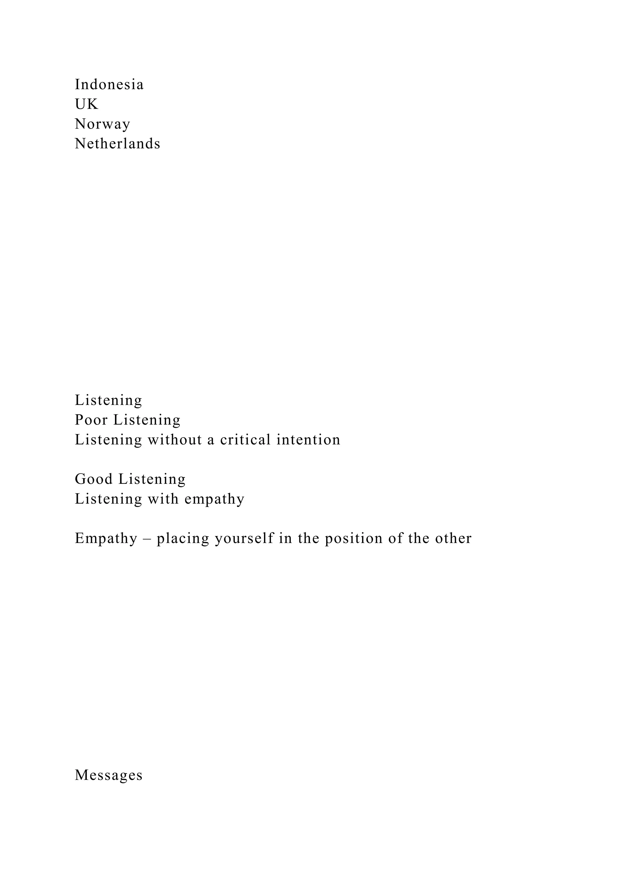 Indonesia
UK
Norway
Netherlands
Listening
Poor Listening
Listening without a critical intention
Good Listening
Listening with empathy
Empathy – placing yourself in the position of the other
Messages
 