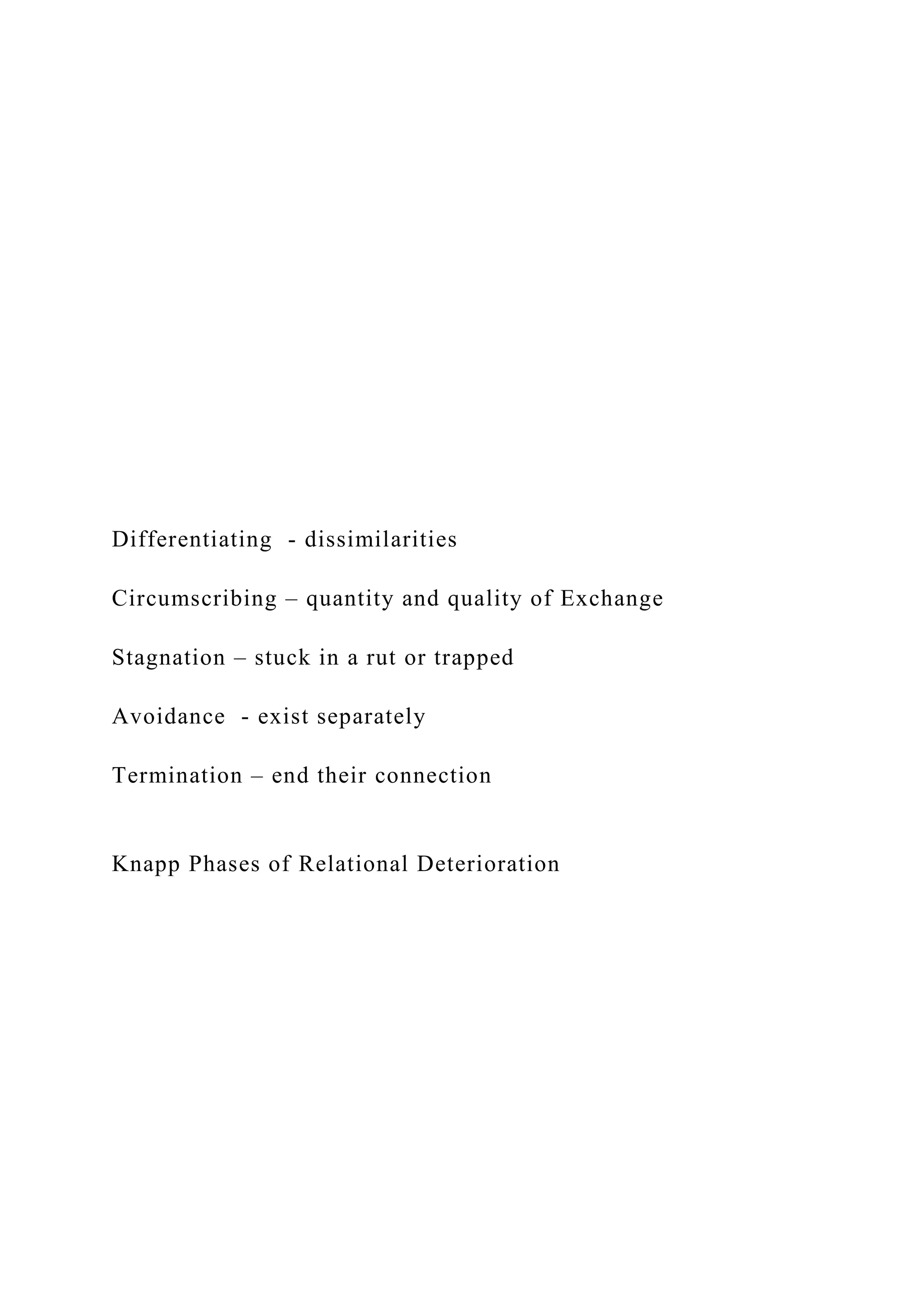 Differentiating - dissimilarities
Circumscribing – quantity and quality of Exchange
Stagnation – stuck in a rut or trapped
Avoidance - exist separately
Termination – end their connection
Knapp Phases of Relational Deterioration
 