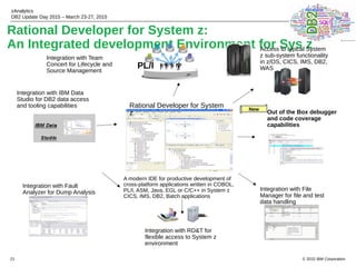 © 2015 IBM Corporation
zAnalytics
DB2 Update Day 2015 – March 23-27, 2015
21
Rational Developer for System z:
An Integrated development Environment for Sys z
Rational Developer for System
z
A modern IDE for productive development of
cross-platform applications written in COBOL,
PL/I, ASM, Java, EGL or C/C++ in System z
CICS, IMS, DB2, Batch applications
Access to typical System
z sub-system functionality
in z/OS, CICS, IMS, DB2,
WAS
Out of the Box debugger
and code coverage
capabilities
Integration with Fault
Analyzer for Dump Analysis
Integration with File
Manager for file and test
data handling
Integration with IBM Data
Studio for DB2 data access
and tooling capabilities
PL/I
Integration with Team
Concert for Lifecycle and
Source Management
Integration with RD&T for
flexible access to System z
environment
New
 