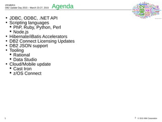 © 2015 IBM Corporation
zAnalytics
DB2 Update Day 2015 – March 23-27, 2015
3
Agenda
• JDBC, ODBC, .NET API
• Scripting languages
 PhP, Ruby, Python, Perl
 Node.js
• Hibernate/iBatis Accelerators
• DB2 Connect Licensing Updates
• DB2 JSON support
• Tooling
 Rational
 Data Studio
• Cloud/Mobile update
 Cast Iron
 z/OS Connect
3
 