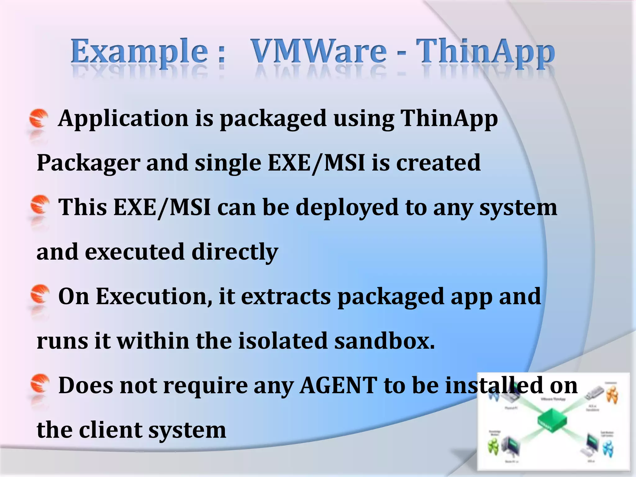 Players in App Virtualization      VMware:  ThinApp      Microsoft:  App-V      Citrix:  Application Streaming      Symantec:  Altiris SVS      Spoon: Web based Streaming      Sandboxie by Ronen Tzur14