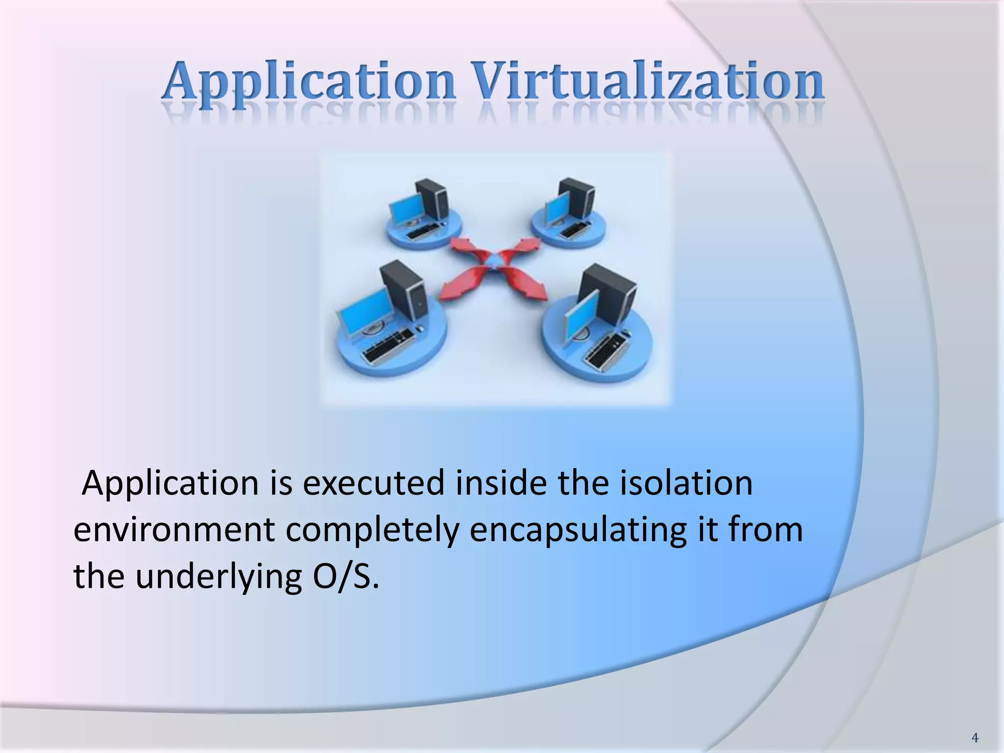 Application VirtualizationApplication is executed inside the isolation environment completely encapsulating it from the underlying O/S.4