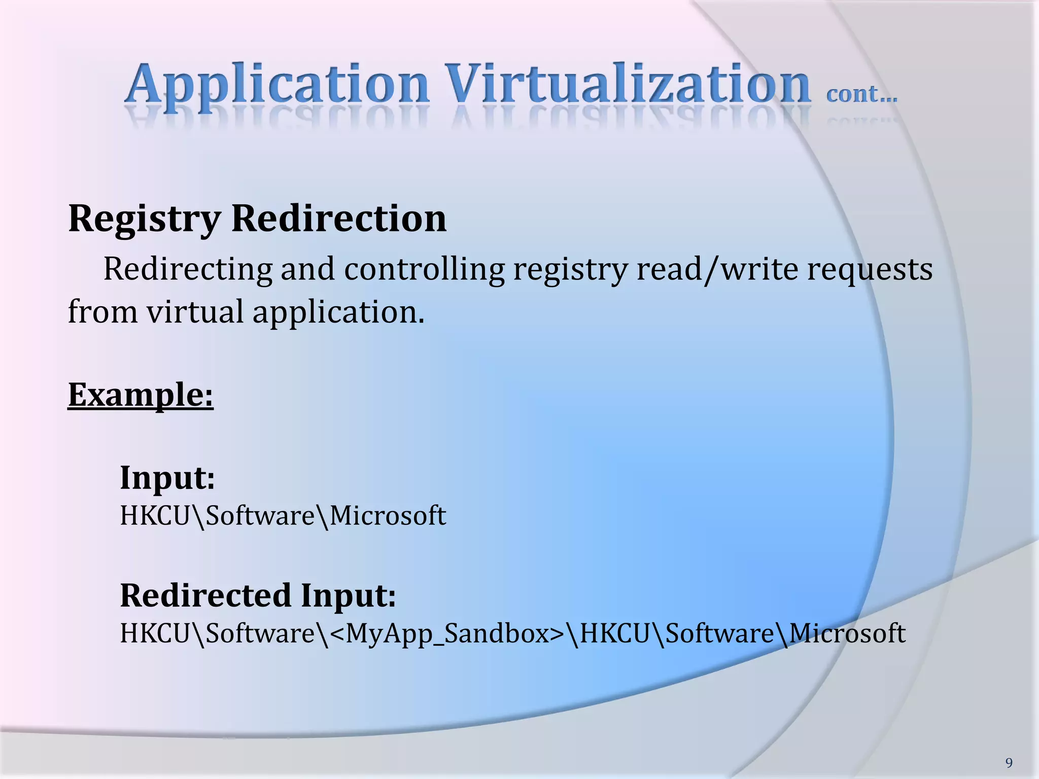   Hooking Ntdll.dll – NtCreateFile,  NtOpenFile,  NtDeleteFile etcAPI Hooking at Kernel LevelHooking SSDT – NtCreateFile, NtOpenFile etcFile System Filter Driver or Mini-FilterWrite file system driver to redirect virtualized file requests.8