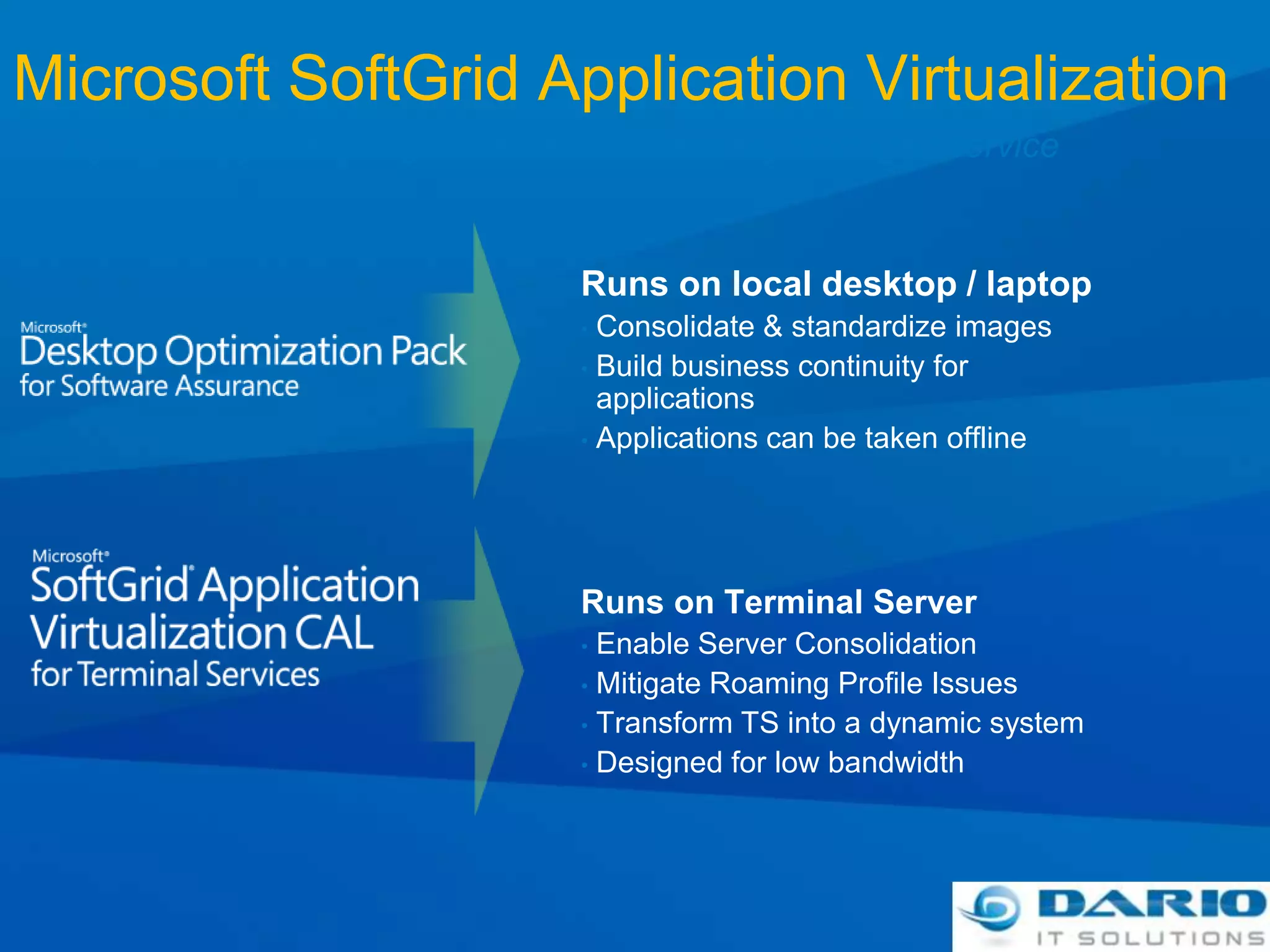 Microsoft SoftGrid Application VirtualizationDynamically streaming software as a centrally managed serviceRuns on local desktop / laptopConsolidate & standardize images