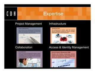 CDH                    Expertise
  Project Management     Infrastructure




  Collaboration          Access & Identity Management
 