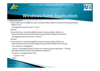 Public Class Form1
Private Sub Form1_Load(ByVal sender As System.Object, ByVal e As System.EventArgs) Handles
MyBase.Load
MessageBox.Show("Evt Load", "Load")
End Sub
Private Sub Form1_FormClosed(ByVal sender As System.Object, ByVal e As
System.Windows.Forms.FormClosedEventArgs) Handles MyBase.FormClosed
MessageBox.Show("Evt Closed", "Closed")
End Sub
Private Sub Form1_FormClosing(ByVal sender As System.Object, ByVal e As
System.Windows.Forms.FormClosingEventArgs) Handles MyBase.FormClosing
Dim reponse As DialogResult
reponse = MessageBox.Show("Voulez-vous vraiment quitter application", "Closing",
MessageBoxButtons.YesNo, MessageBoxIcon.Question)
If reponse = DialogResult.No Then
e.Cancel = True
End If
End Sub
End Class
1010
 
