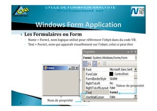 Les Formulaires ou Form
◦ Name = Form1, nom logique utilisé pour référencer l’objet dans du code VB.
◦ Text = Form1, nom qui apparaît visuellement sur l’objet, celui-ci peut être
66
Nom de propriété
Valeur de propriété
 