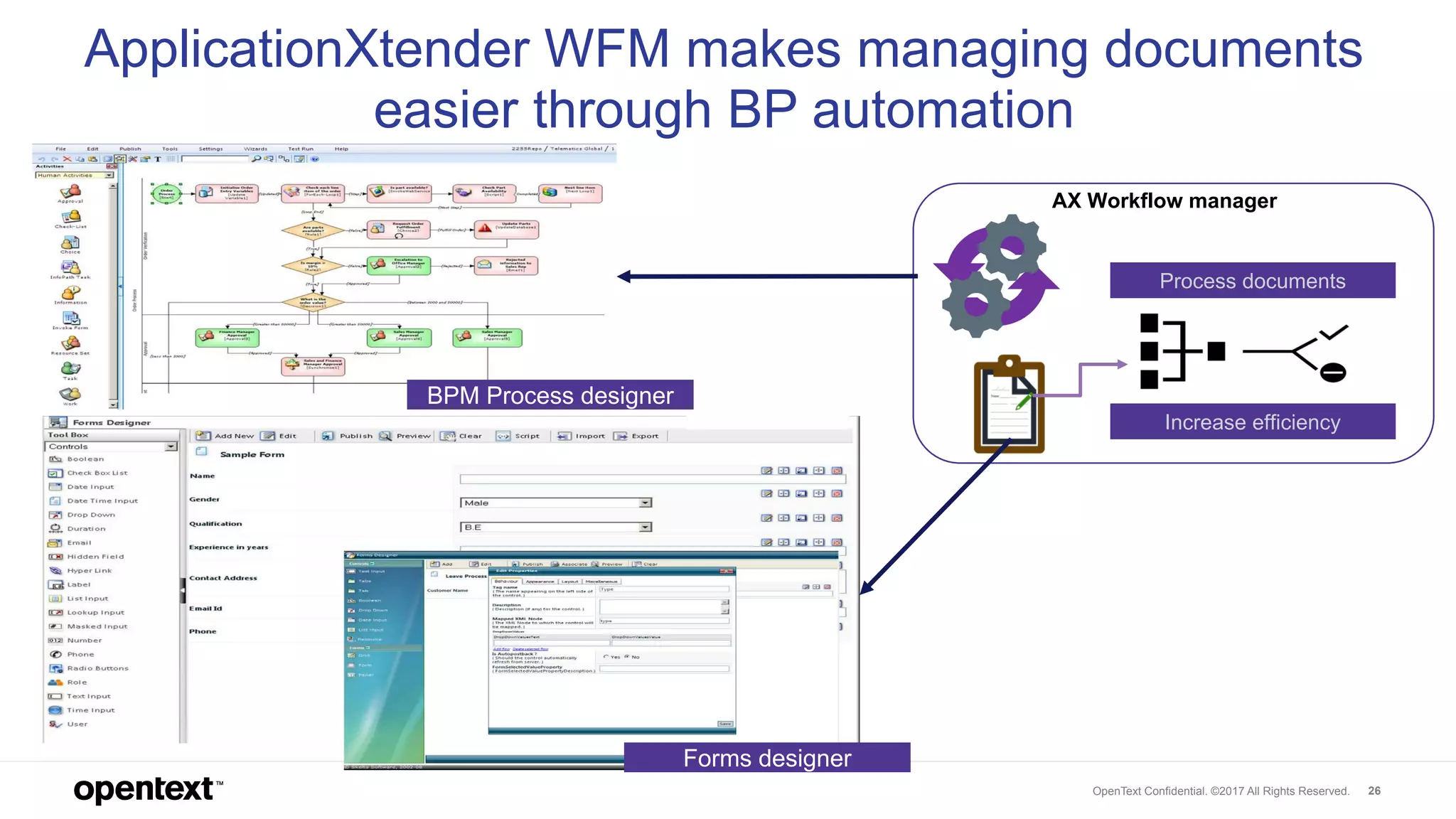 OpenText Confidential. ©2017 All Rights Reserved. 26
ApplicationXtender WFM makes managing documents
easier through BP automation
AX Workflow manager
Process documents
Increase efficiency
BPM Process designer
Forms designer
 