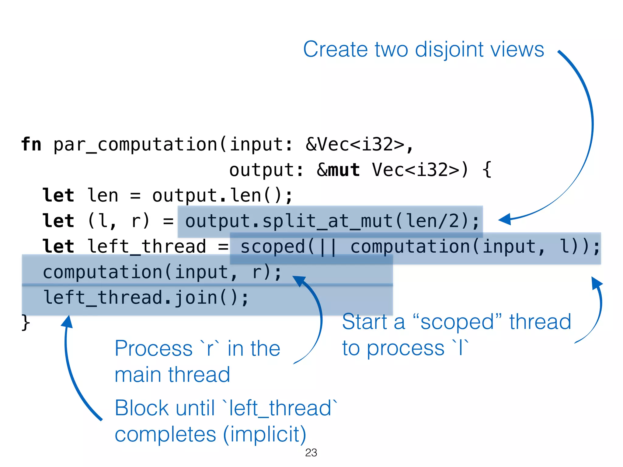 fn par_computation(input: &Vec<i32>,
output: &mut Vec<i32>) {
let len = output.len();
let (l, r) = output.split_at_mut(len/2);
let left_thread = scoped(|| computation(input, l));
computation(input, r);
left_thread.join();
}
Create two disjoint views
Start a “scoped” thread
to process `l`Process `r` in the
main thread
Block until `left_thread`
completes (implicit)
23
 