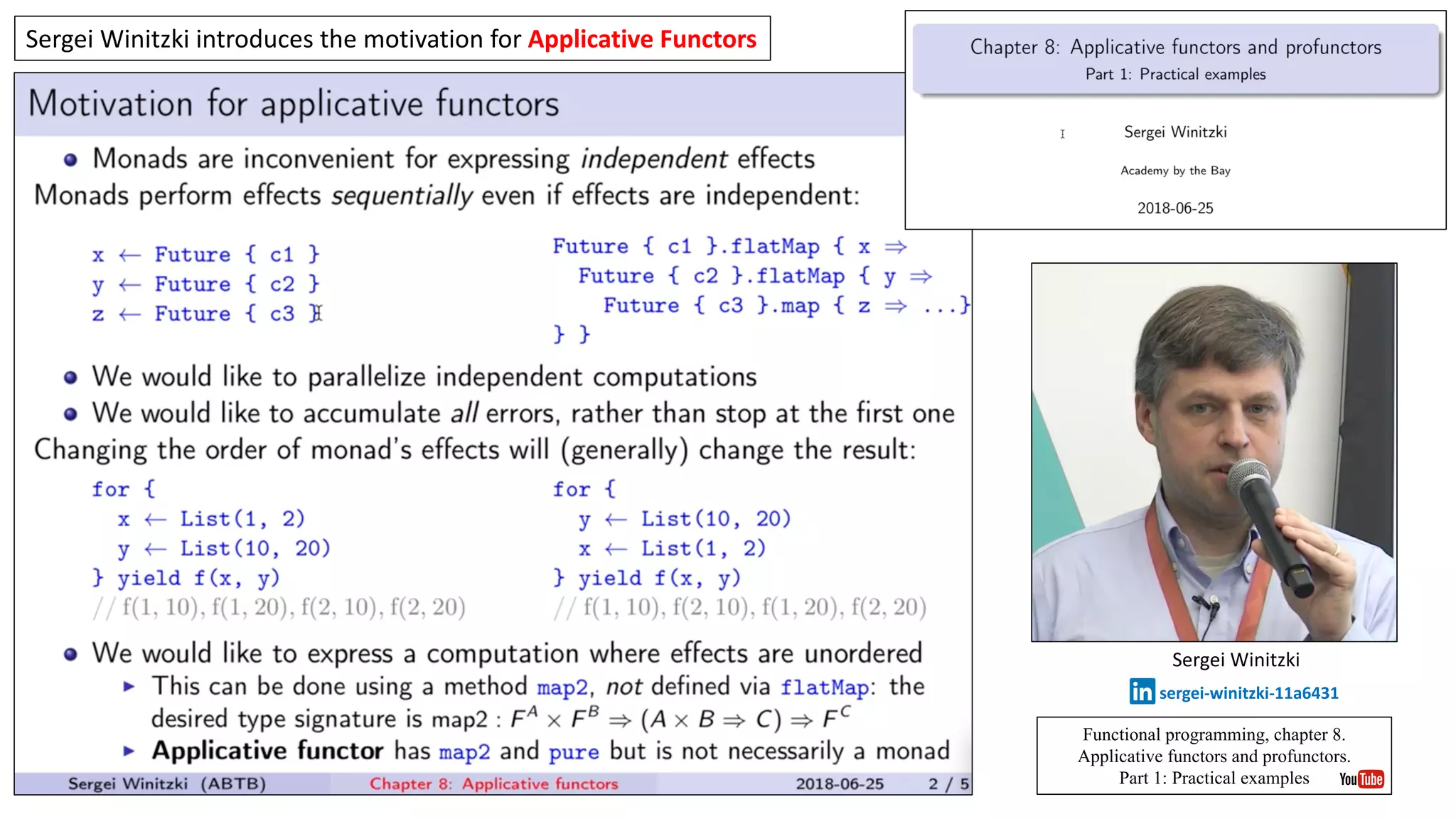 Sergei	Winitzki	introduces	the	motivation	for	Applicative Functors
Functional programming, chapter 8.
Applicative functors and profunctors.
Part 1: Practical examples
Sergei	Winitzki
sergei-winitzki-11a6431
 