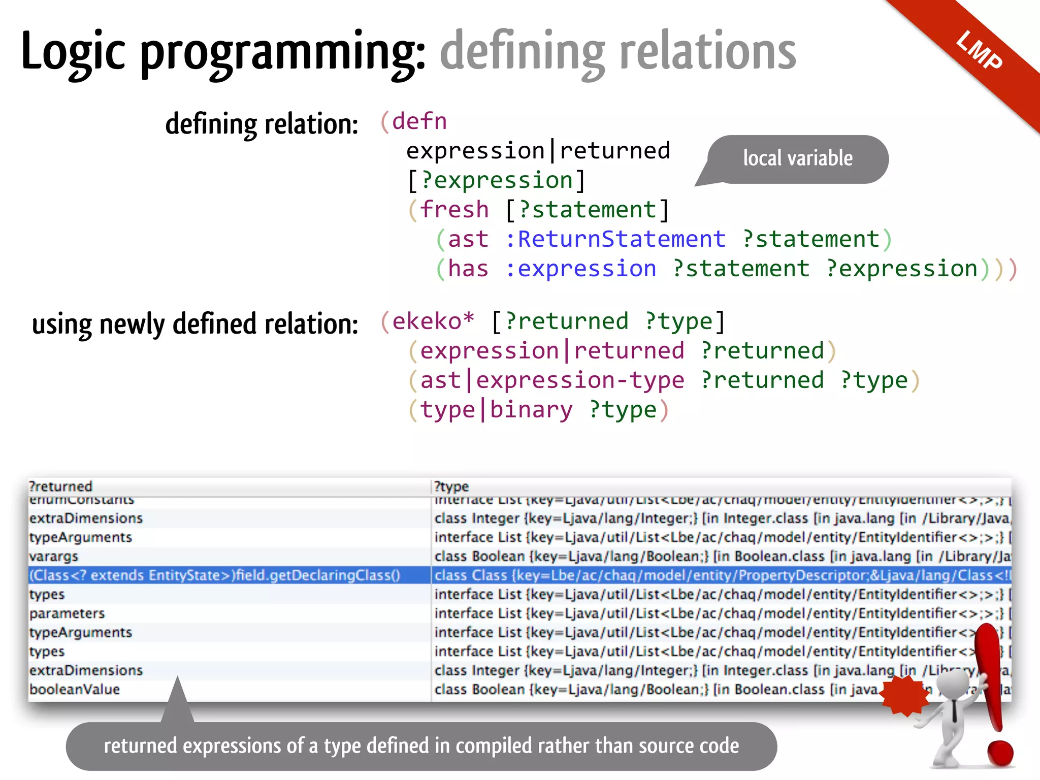(defn        expression|returned      [?expression]      (fresh  [?statement]          (ast  :ReturnStatement  ?statement)            (has  :expression  ?statement  ?expression))) Logic programming: defining relations LM P local variable (ekeko*  [?returned  ?type]      (expression|returned  ?returned)      (ast|expression-­‐type  ?returned  ?type)      (type|binary  ?type) returned expressions of a type defined in compiled rather than source code defining relation: using newly defined relation: 