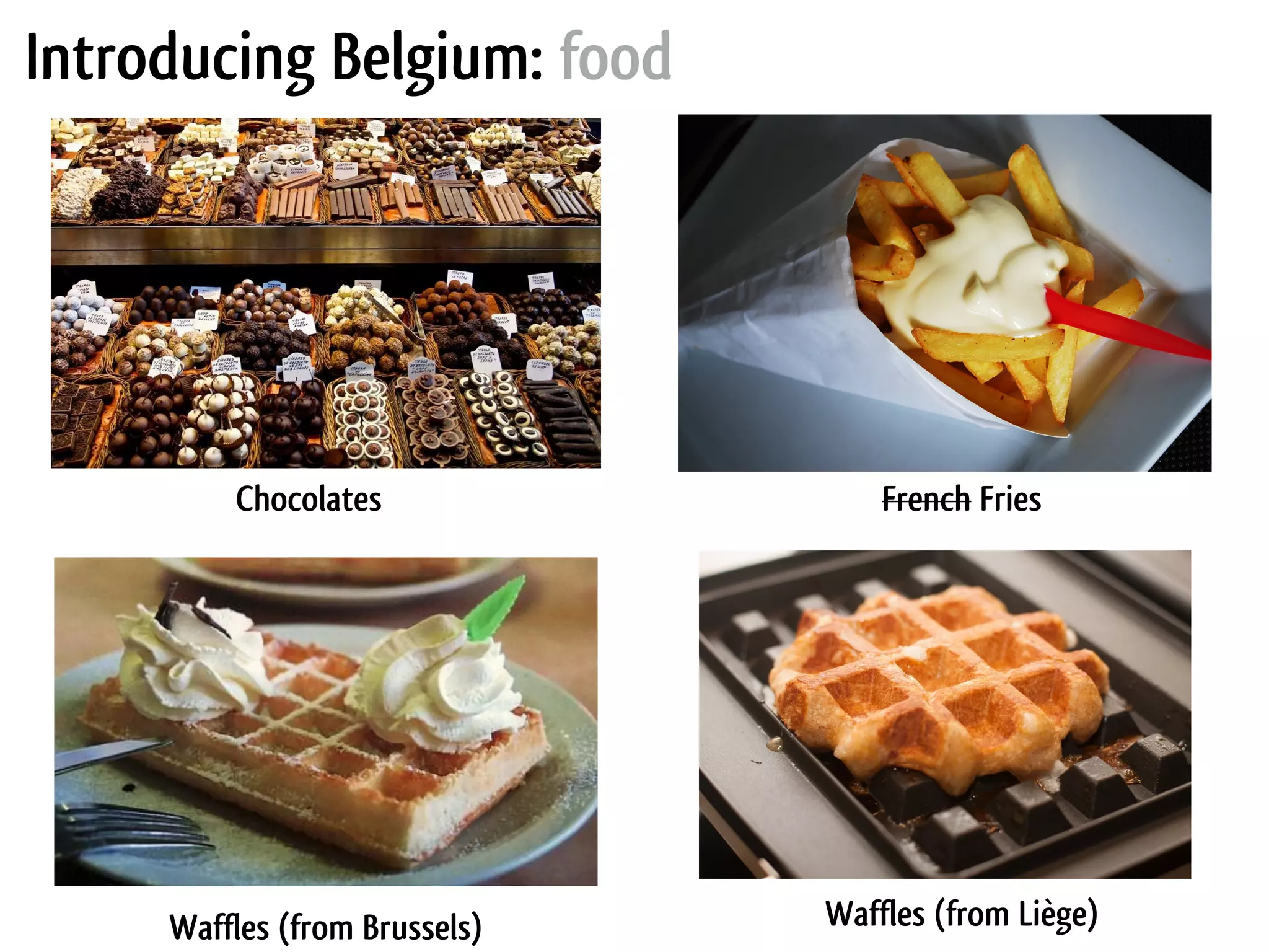 Introducing Belgium: food Waffles (from Brussels) Waffles (from Liège) Chocolates French Fries 