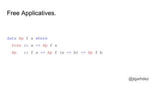 Free Applicatives.
data Ap f a where
Pure :: a -> Ap f a
Ap :: f a -> Ap f (a -> b) -> Ap f b
@jlgarhdez
jlgarhdez HaskellMADpepegar
 