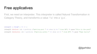 Free applicatives
@jlgarhdez
First, we need an interpreter. This interpreter is called Natural Transformation in
Category Theory, and transforms a value `f a` into a `g a`.
interpIO :: BlogF a -> IO a
interpIO (GetPost id) = putStrLn ("getting post " ++ show id ++ " from DB") *> pure "this is the post"
interpIO (GetAuthor id) = putStrLn ("getting author " ++ show id ++ " from DB") *> pure "Pepe García"
jlgarhdez HaskellMADpepegar
 