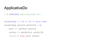 Composing Applicative Functors
@jlgarhdez
data Product m n a = Product {
first :: m a,
second :: n a
}
instance (Functor m, Functor n) => Functor (Product m n) where
fmap f fa = Product (f <$> first fa) (f <$> second fa)
instance (Applicative m, Applicative n) => Applicative (Product m n) where
pure x = Product (pure x) (pure x)
mf <*> mx = Product (first mf <*> first mx) (second mf <*> second mx)
jlgarhdez HaskellMADpepegar
 