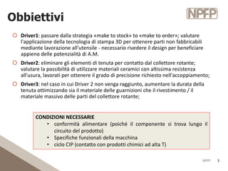 NPFP 3
Obbiettivi
CONDIZIONI NECESSARIE
• conformità alimentare (poiché il componente si trova lungo il
circuito del prodo...