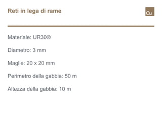 Reti in lega di rame
Materiale: UR30®
Diametro: 3 mm
Maglie: 20 x 20 mm
Perimetro della gabbia: 50 m
Altezza della gabbia: 10 m
 
