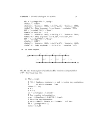 CHAPTER 2. Discrete-Time Signals and Systems 29
hf2 = figconfg(’P0217b’,’long’);
stem(n,y1,’fill’)
xlabel(’n’,’fontsize’,LFS); ylabel(’y_1[n]’,’fontsize’,LFS);
title(’Unit Step Response: filter(b,a,x)’,’fontsize’,TFS);
hf3 = figconfg(’P0217c’,’long’);
stem(0:2*n(end),y2,’fill’)
xlabel(’n’,’fontsize’,LFS); ylabel(’y_2[n]’,’fontsize’,LFS);
title(’Unit Step Response: conv(h,x)’,’fontsize’,TFS);
hf4 = figconfg(’P0217d’,’long’);
stem(n,y3,’fill’)
xlabel(’n’,’fontsize’,LFS); ylabel(’y_3[n]’,’fontsize’,LFS);
title(’Unit Step Response: filter(h,1,x)’,’fontsize’,TFS);
18. (a) Block diagrams.
x[n]
y[n]
0.1667 0.1667
z
−1
0.1667
z
−1
0.1667
z
−1
0.1667
z
−1
0.1667
z
−1
FIGURE 2.26: Block diagram representations of the nonrecursive implementation
of M = 5 moving average ﬁlter.
(b) MATLAB script:
% P0218: Implement nonrecursive and recursive implementations
% of moving average filter
close all; clc
M = 5;
n = 0:M;
un = unitstep(n(1),0,n(end));
% Nonrecursive implementation:
y_nr = filter(ones(1,M+1)/(M+1),1,un);
% Recursive implementation:
y_re = filter([1 zeros(1,M) -1]/(M+1),[1 -1],un);
hf = figconfg(’P0218’);
subplot(2,1,1)
 