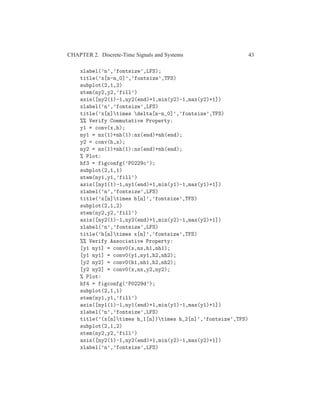 CHAPTER 2. Discrete-Time Signals and Systems 43
xlabel(’n’,’fontsize’,LFS);
title(’x[n-n_0]’,’fontsize’,TFS)
subplot(2,1,2)
stem(ny2,y2,’fill’)
axis([ny2(1)-1,ny2(end)+1,min(y2)-1,max(y2)+1])
xlabel(’n’,’fontsize’,LFS)
title(’x[n]times delta[n-n_0]’,’fontsize’,TFS)
%% Verify Commutative Property:
y1 = conv(x,h);
ny1 = nx(1)+nh(1):nx(end)+nh(end);
y2 = conv(h,x);
ny2 = nx(1)+nh(1):nx(end)+nh(end);
% Plot:
hf3 = figconfg(’P0229c’);
subplot(2,1,1)
stem(ny1,y1,’fill’)
axis([ny1(1)-1,ny1(end)+1,min(y1)-1,max(y1)+1])
xlabel(’n’,’fontsize’,LFS)
title(’x[n]times h[n]’,’fontsize’,TFS)
subplot(2,1,2)
stem(ny2,y2,’fill’)
axis([ny2(1)-1,ny2(end)+1,min(y2)-1,max(y2)+1])
xlabel(’n’,’fontsize’,LFS)
title(’h[n]times x[n]’,’fontsize’,TFS)
%% Verify Associative Property:
[y1 ny1] = conv0(x,nx,h1,nh1);
[y1 ny1] = conv0(y1,ny1,h2,nh2);
[y2 ny2] = conv0(h1,nh1,h2,nh2);
[y2 ny2] = conv0(x,nx,y2,ny2);
% Plot:
hf4 = figconfg(’P0229d’);
subplot(2,1,1)
stem(ny1,y1,’fill’)
axis([ny1(1)-1,ny1(end)+1,min(y1)-1,max(y1)+1])
xlabel(’n’,’fontsize’,LFS)
title(’(x[n]times h_1[n])times h_2[n]’,’fontsize’,TFS)
subplot(2,1,2)
stem(ny2,y2,’fill’)
axis([ny2(1)-1,ny2(end)+1,min(y2)-1,max(y2)+1])
xlabel(’n’,’fontsize’,LFS)
 