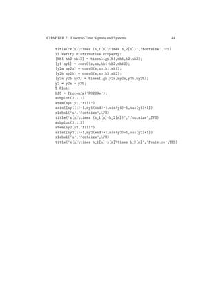 CHAPTER 2. Discrete-Time Signals and Systems 44
title(’x[n]times (h_1[n]times h_2[n])’,’fontsize’,TFS)
%% Verify Distributive Property:
[hh1 hh2 nh12] = timealign(h1,nh1,h2,nh2);
[y1 ny1] = conv0(x,nx,hh1+hh2,nh12);
[y2a ny2a] = conv0(x,nx,h1,nh1);
[y2b ny2b] = conv0(x,nx,h2,nh2);
[y2a y2b ny2] = timealign(y2a,ny2a,y2b,ny2b);
y2 = y2a + y2b;
% Plot:
hf5 = figconfg(’P0229e’);
subplot(2,1,1)
stem(ny1,y1,’fill’)
axis([ny1(1)-1,ny1(end)+1,min(y1)-1,max(y1)+1])
xlabel(’n’,’fontsize’,LFS)
title(’x[n]times (h_1[n]+h_2[n])’,’fontsize’,TFS)
subplot(2,1,2)
stem(ny2,y2,’fill’)
axis([ny2(1)-1,ny2(end)+1,min(y2)-1,max(y2)+1])
xlabel(’n’,’fontsize’,LFS)
title(’x[n]times h_1[n]+x[n]times h_2[n]’,’fontsize’,TFS)
 