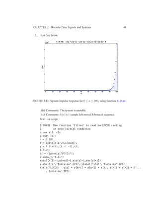 CHAPTER 2. Discrete-Time Signals and Systems 48
31. (a) See below.
0 10 20 30 40 50 60 70 80 90 100
0
1
2
3
4
5
x 10
20
n
y[n] LCCDE: y[n] = y[n−1] + y[n−2] + x[n], y[−1] = y[−2] = 0
FIGURE 2.43: System impulse response for 0 ≤ n ≤ 100, using function filter.
(b) Comments: The system is unstable.
(c) Comments: h[n] is 1 sample left moved Fibonacci sequence.
MATLAB script:
% P0231: Use function ’filter’ to realize LCCDE resting
% at zero initial condition
close all; clc
% Part (a):
n = 0:100;
x = delta(n(1),0,n(end));
y = filter(1,[1 -1 -1],x);
% Plot:
hf = figconfg(’P0231’);
stem(n,y,’fill’)
axis([n(1)-1,n(end)+1,min(y)-1,max(y)+1])
xlabel(’n’,’fontsize’,LFS); ylabel(’y[n]’,’fontsize’,LFS)
title(’LCCDE: y[n] = y[n-1] + y[n-2] + x[n], y[-1] = y[-2] = 0’...
,’fontsize’,TFS)
 
