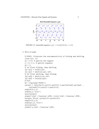 CHAPTER 2. Discrete-Time Signals and Systems 5
−20 −10 0 10 20 30 40
−2
−1
0
1
2
n
x
3
[n]
Real Sinusoidal Sequence x
3
[n]
FIGURE 2.5: sinusoidal sequence x3[n] = 2 cos[2π(0.3)n + π/3].
2. MATLAB script:
% P0202: Illustrate the noncommutativity of folding and shifting
close all; clc
nx = 0:4; % specify the support
x = 5:-1:1; % specify sequence
n0 = 2;
% (a) First folding, then shifting
[y1 ny1] = fold(x,nx);
[y1 ny1] = shift(y1,ny1,-n0);
% (b) First shifting, then folding
[y2 ny2] = shift(x,nx,-n0);
[y2 ny2] = fold(y2,ny2);
% Plot
hf = figconfg(’P0202’);
xylimit = [min([nx(1),ny1(1),ny2(1)])-1,max([nx(end),ny1(end)...
,ny2(end)])+1,min(x)-1,max(x)+1];
subplot(3,1,1)
stem(nx,x,’fill’)
axis(xylimit)
ylabel(’x[n]’,’fontsize’,LFS); title(’x[n]’,’fontsize’,TFS);
set(gca,’Xtick’,xylimit(1):xylimit(2))
subplot(3,1,2)
stem(ny1,y1,’fill’)
axis(xylimit)
ylabel(’y_1[n]’,’fontsize’,LFS);
 