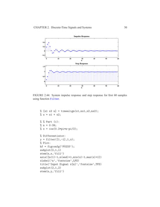 CHAPTER 2. Discrete-Time Signals and Systems 50
0 10 20 30 40 50 60
−0.2
0
0.2
0.4
n
Impulse Response
0 10 20 30 40 50 60
0
0.5
1
1.5
n
Step Response
FIGURE 2.44: System impulse response and step response for ﬁrst 60 samples
using function filter.
% [x1 x2 n] = timealign(x1,nx1,x2,nx2);
% x = x1 + x2;
% % Part (c):
% n = 0:39;
% x = cos(0.2*pi*n-pi/2);
% Differentiator:
y = filter([1,-1],1,x);
% Plot:
hf = figconfg(’P0233’);
subplot(2,1,1)
stem(n,x,’fill’)
axis([n(1)-1,n(end)+1,min(x)-1,max(x)+1])
xlabel(’n’,’fontsize’,LFS)
title(’Input Signal x[n]’,’fontsize’,TFS)
subplot(2,1,2)
stem(n,y,’fill’)
 