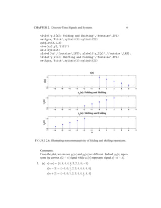 CHAPTER 2. Discrete-Time Signals and Systems 6
title(’y_1[n]: Folding and Shifting’,’fontsize’,TFS)
set(gca,’Xtick’,xylimit(1):xylimit(2))
subplot(3,1,3)
stem(ny2,y2,’fill’)
axis(xylimit)
xlabel(’n’,’fontsize’,LFS); ylabel(’y_2[n]’,’fontsize’,LFS);
title(’y_2[n]: Shifting and Folding’,’fontsize’,TFS)
set(gca,’Xtick’,xylimit(1):xylimit(2))
−7 −6 −5 −4 −3 −2 −1 0 1 2 3 4 5
0
5
x[n]
x[n]
−7 −6 −5 −4 −3 −2 −1 0 1 2 3 4 5
0
5
y1
[n]
y
1
[n]: Folding and Shifting
−7 −6 −5 −4 −3 −2 −1 0 1 2 3 4 5
0
5
n
y2
[n]
y
2
[n]: Shifting and Folding
FIGURE 2.6: Illustrating noncommunativity of folding and shifting operations.
Comments:
From the plot, we can see y1[n] and y2[n] are different. Indeed, y1[n] repre-
sents the correct x[2 − n] signal while y2[n] represents signal x[−n − 2].
3. (a) x[−n] = {4, 4, 4, 4, 4
↑
, 3, 2, 1, 0, −1}
x[n − 3] = {−1, 0, 1
↑
, 2, 3, 4, 4, 4, 4, 4}
x[n + 2] = {−1, 0, 1, 2, 3, 4, 4, 4
↑
, 4, 4}
 