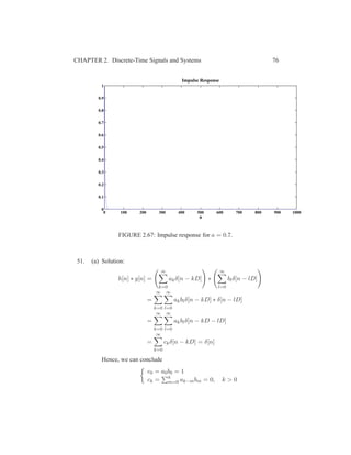 CHAPTER 2. Discrete-Time Signals and Systems 76
0 100 200 300 400 500 600 700 800 900 1000
0
0.1
0.2
0.3
0.4
0.5
0.6
0.7
0.8
0.9
1
n
Impulse Response
FIGURE 2.67: Impulse response for a = 0.7.
51. (a) Solution:
h[n] ∗ g[n] =
∞
k=0
akδ[n − kD] ∗
∞
l=0
blδ[n − lD]
=
∞
k=0
∞
l=0
akblδ[n − kD] ∗ δ[n − lD]
=
∞
k=0
∞
l=0
akblδ[n − kD − lD]
=
∞
k=0
ckδ[n − kD] = δ[n]
Hence, we can conclude
c0 = a0b0 = 1
ck = k
m=0 ak−mbm = 0, k > 0
 