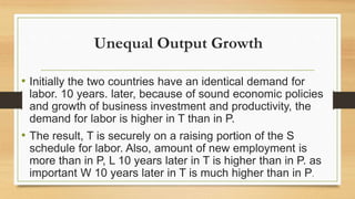 Unequal Output Growth
• Initially the two countries have an identical demand for
labor. 10 years. later, because of sound economic policies
and growth of business investment and productivity, the
demand for labor is higher in T than in P.
• The result, T is securely on a raising portion of the S
schedule for labor. Also, amount of new employment is
more than in P, L 10 years later in T is higher than in P. as
important W 10 years later in T is much higher than in P.
 