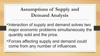 Assumptions of Supply and
Demand Analysis
Interaction of supply and demand solves two
major economic problems simultaneously the
quantity sold and the price.
Forces affecting supply and demand could
come from any number of influences.
 