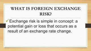 WHAT IS FOREIGN EXCHANGE
RISK?
Exchange risk is simple in concept: a
potential gain or loss that occurs as a
result of an exchange rate change.
 