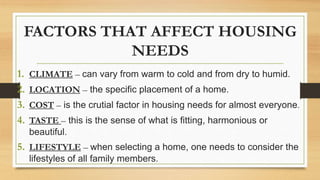 FACTORS THAT AFFECT HOUSING
NEEDS
1. CLIMATE – can vary from warm to cold and from dry to humid.
2. LOCATION – the specific placement of a home.
3. COST – is the crutial factor in housing needs for almost everyone.
4. TASTE – this is the sense of what is fitting, harmonious or
beautiful.
5. LIFESTYLE – when selecting a home, one needs to consider the
lifestyles of all family members.
 