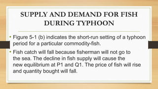 SUPPLY AND DEMAND FOR FISH
DURING TYPHOON
• Figure 5-1 (b) indicates the short-run setting of a typhoon
period for a particular commodity-fish.
• Fish catch will fall because fisherman will not go to
the sea. The decline in fish supply will cause the
new equilibrium at P1 and Q1. The price of fish will rise
and quantity bought will fall.
 