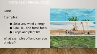 23
FACTORS OF PRODUCTION
Examples:
● Solar and wind energy
● Coal, oil, and fossil fuels
● Crops and plant life
What examples of land can you
think of?
Land
 