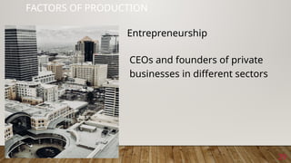 29
FACTORS OF PRODUCTION
CEOs and founders of private
businesses in different sectors
Entrepreneurship
 