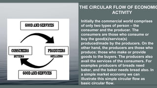 Initially the commercial world comprises
of only two types of person – the
consumer and the producer. The
consumers are those who consume or
buy the good(s)/service(s)
produced/made by the producers. On the
other hand, the producers are those who
produce; those who make or provide
goods to the buyers. The producers also
avail the services of the consumers. For
examples producers of breads need
baker, and the baker needs bread also. In
a simple market economy we can
illustrate this simple circular flow as
basic circular flow.
THE CIRCULAR FLOW OF ECONOMIC
ACTIVITY
 