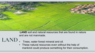 LAND
LAND soil and natural resources that are found in nature
and are not manmade.
• Trees, water forest mineral and oil.
• These natural resources even without the help of
mankind could produce something for their consumption.
 