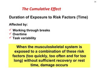 18
The Cumulative Effect
When the musculoskeletal system is
exposed to a combination of these risk
factors (too quickly, too often and for too
long) without sufficient recovery or rest
time, damage occurs
Duration of Exposure to Risk Factors (Time)
Affected by:
 Working through breaks
 Overtime
 Task variability
 