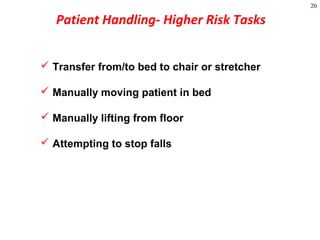20
Patient Handling- Higher Risk Tasks
 Transfer from/to bed to chair or stretcher
 Manually moving patient in bed
 Manually lifting from floor
 Attempting to stop falls
 